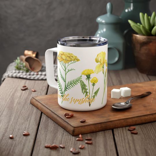 Face the Sunshine 10oz Insulated Coffee Mug with Handle - Yellow Wildflowers Design