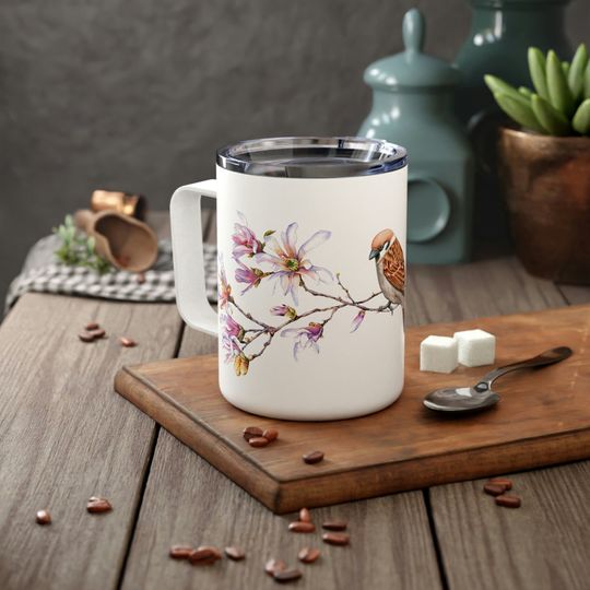 Finch and Magnolia Branches Insulated Travel Mug with Lid, Floral Design, Cottagecore Coffee Mug, Gift for Bird Lovers