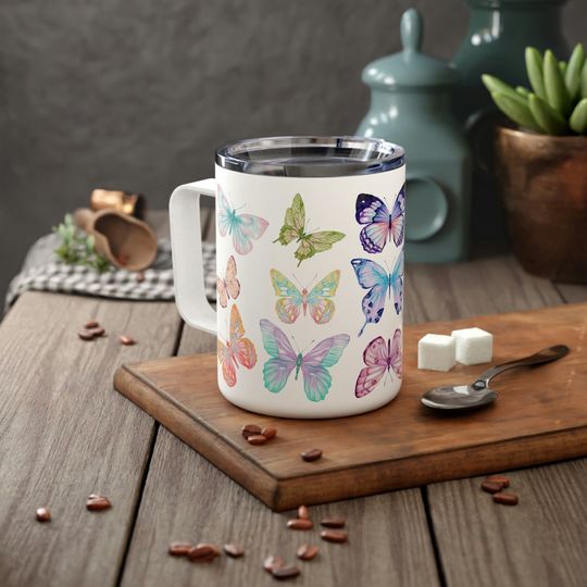 Painted Pastel Butterflies Insulated Travel Mug, Floral Coffee Cup, Cottagecore Travel Mug, Butterfly Lover Gift