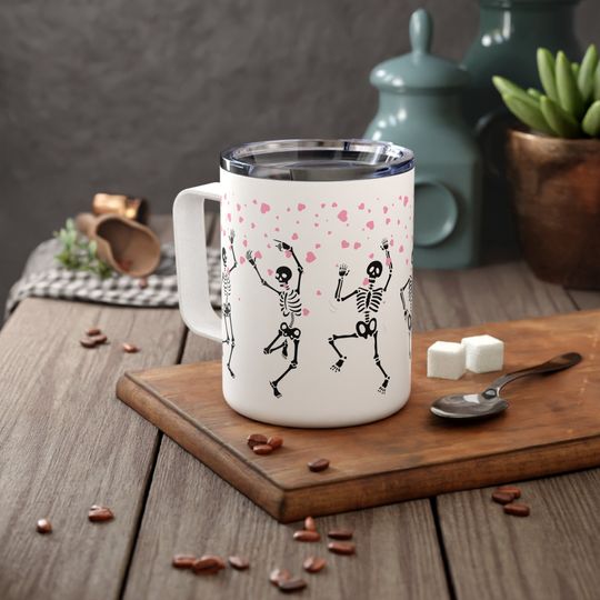 Dancing Skeletons and Hearts Insulated Coffee Mug, Cute Gothic Valentine's Day Tumbler with Handle, 10 oz