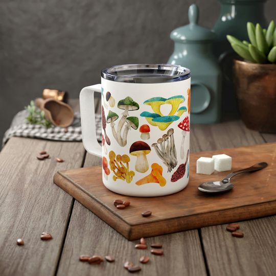 Painted Mushrooms 10oz Insulated Coffee Mug with Lid