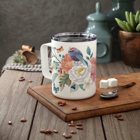Painted Sparrow Peonies Moths Insulated Travel Mug with Lid, Floral Coffee Cup, Cottagecore Design