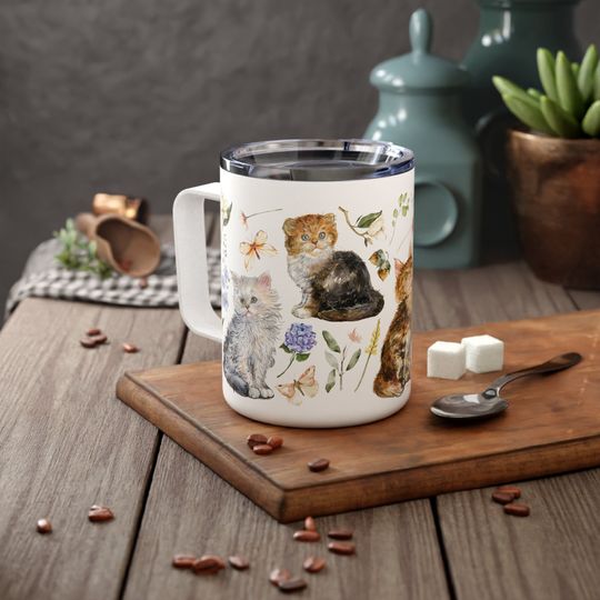 Cottagecore Cats 10oz Insulated Mug with Lidded Handle, Artsy Wildflower Design for Cat Lovers
