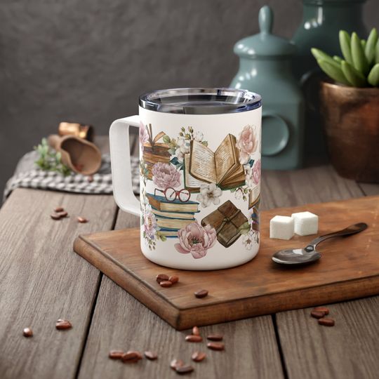 Wildflowers and Books Insulated Mug - Floral Book Lover Gift