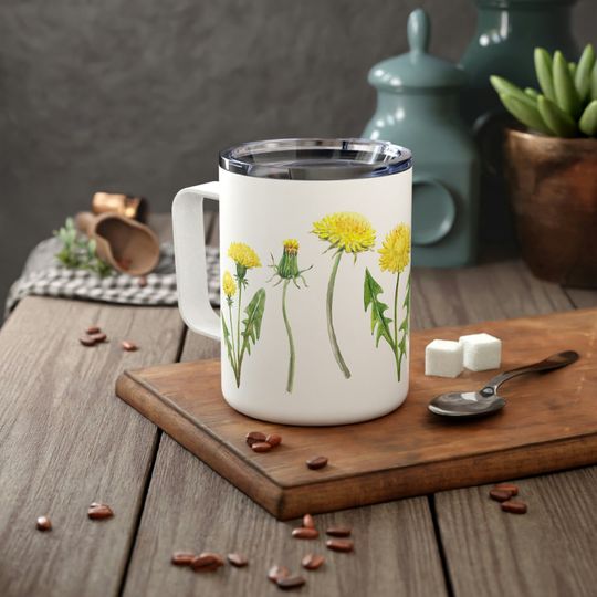 Dandelion Flowers Insulated Travel Mug, 10oz Floral Coffee Cup with Lid
