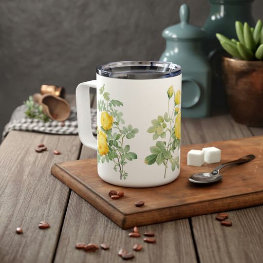 Yellow Roses Insulated Travel Mug with Lid, Flower Lover Coffee Cup, Rose Tumbler With Handle, Rose Gardener Coffee Cup, Gift for Mom