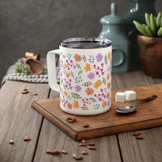 Lavender and Orange Roses 10oz Coffee Mug with Lid, Watercolor Flowers Travel Lidded Coffee Mug, Cottagecore Mug, Floral Travel Coffee Mug
