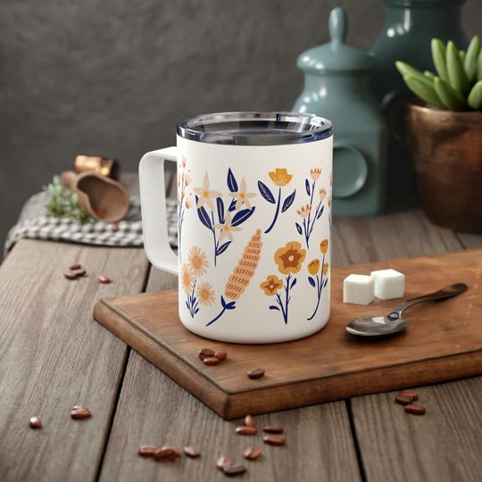 Honeycomb and Indigo Wildflowers Insulated Coffee Mug with Lid and Handle - 10oz