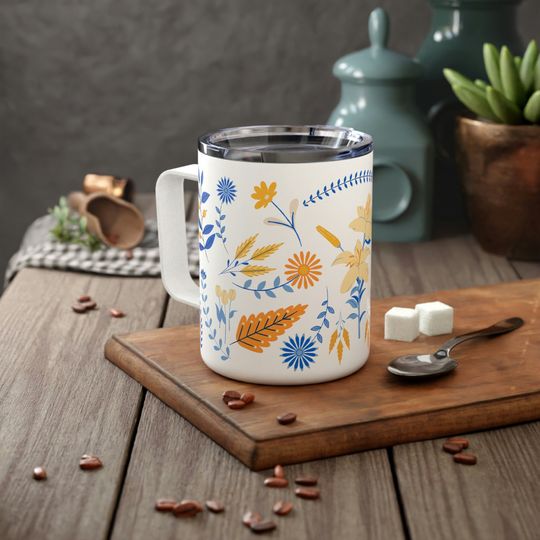 Lily Floral Hygge Travel Mug, 10oz Blue and Orange Flower Camping Cup with Lid
