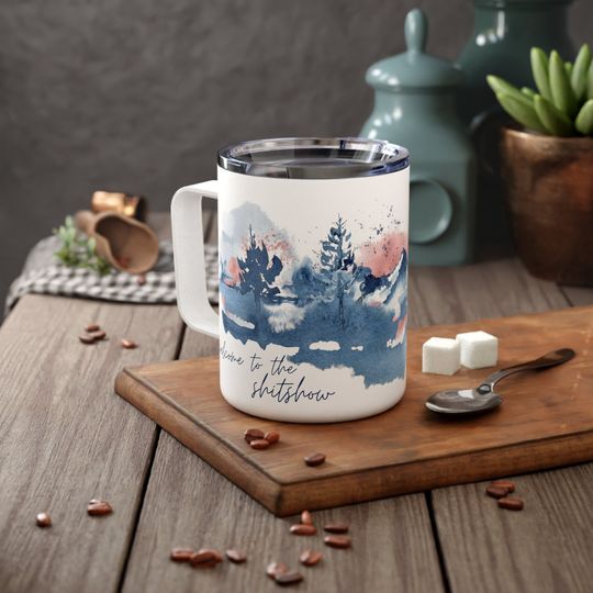 Welcome to the Shitshow Insulated Coffee Mug, Watercolor Humor Tumbler with Handle