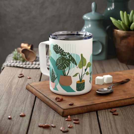 Boho Plants Insulated Coffee Mug with Lid - 10oz Monstera Coffee Cup for Plant Lovers