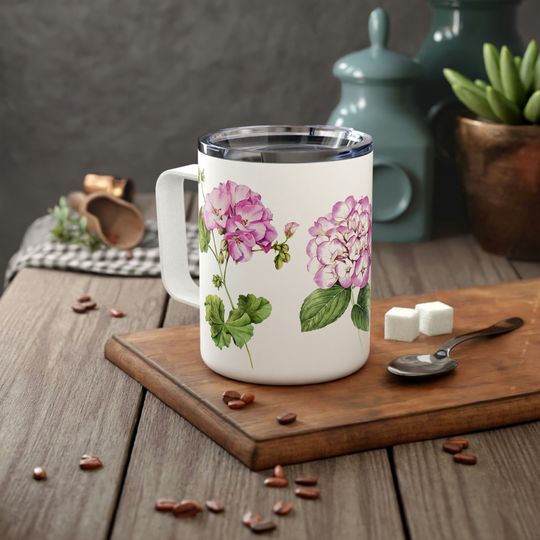 Pink Hydrangea Insulated Travel Mug with Lid, Floral Coffee Cup, Cottagecore Design, Gift for Gardeners