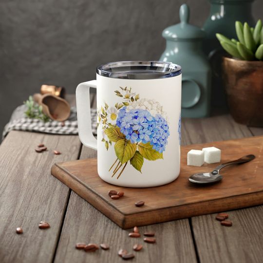 Blue Hydrangea and Roses Insulated Travel Mug, Floral Coffee Cup, Cottagecore Design, Flower Travel Mug, Gift for Gardeners