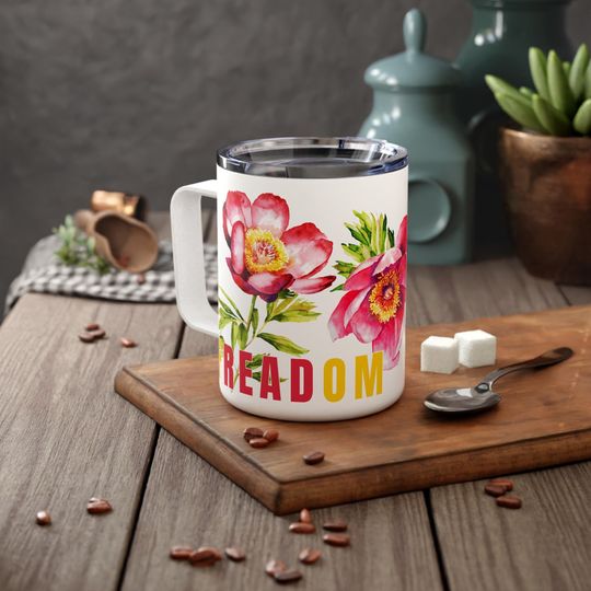 Freadom 10oz Insulated Mug - Wildflowers Design for Flower Lovers and Bookish Aficionados