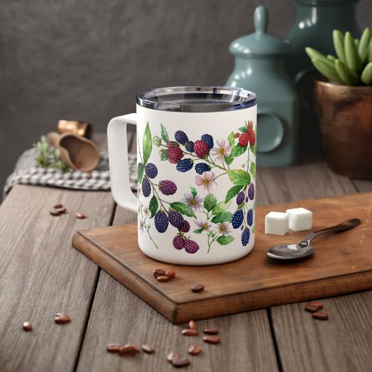 Blackberry Wildflower Insulated Coffee Mug - Artsy Berry and Blossom Design