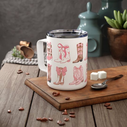 Coquette Cowgirl 10oz Insulated Coffee Mug with Painted Ribbon and Western Boots Design