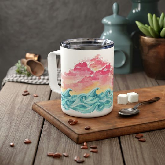 Watercolor Ocean Waves Insulated Travel Mug, 10oz Beach Lover Cup with Lid