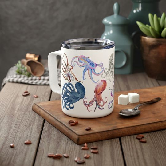 Painted Octopus Insulated Travel Mug, Marine Life Camping Cup with Lid