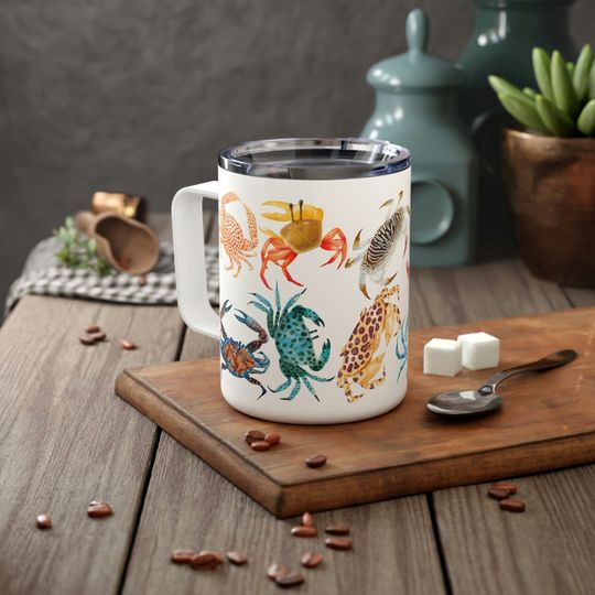 Colorful Crabs Insulated Coffee Mug, 10oz Travel Mug with Lid, Crab Lover Camping Cup