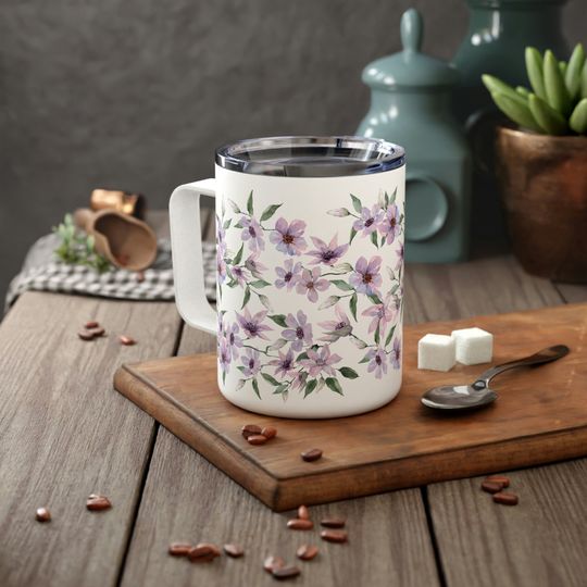 Purple Clematis Flowers 10oz Insulated Travel Coffee Mug with Lid