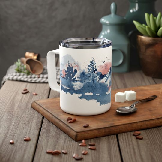 Wrap Around Watercolor Mountain Landscape Travel Mug, Prussian Blue Trees 10oz Camping Cup with Lid