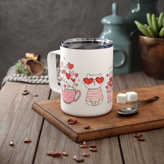 Valentine's Cat Insulated Coffee Mug, Cute Cartoon Kitty 10 oz Tumbler for Cat Lovers
