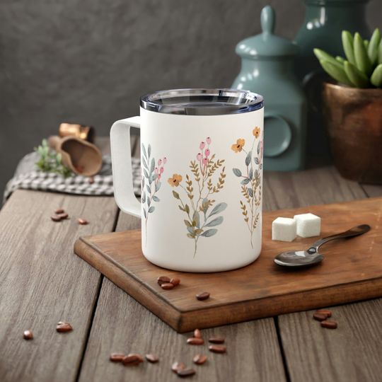 Watercolor Wildflowers Insulated Travel Mug, 10oz Floral Camping Cup with Lid