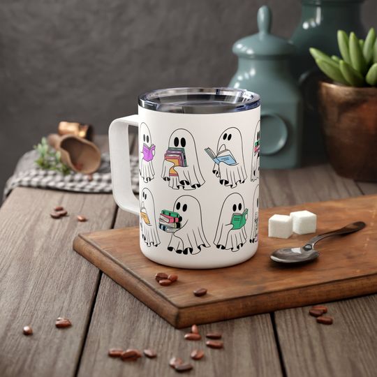 Reading Ghosts 10 oz Insulated Coffee Mug, Cute Lidded Ghostie Mug with Handle, Cute Bookish Ghost Tumbler Book Lover Gift Idea for Bookworm