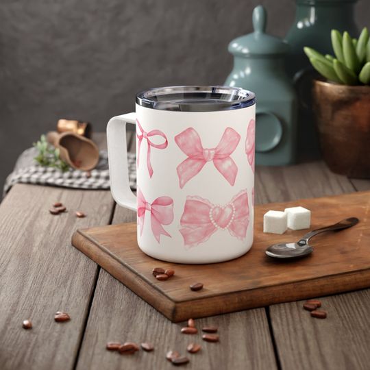 Painted Ribbons 10oz Insulated Coffee Mug, Artsy Bow Travel Cup, Girlcore Pink Bow Gift
