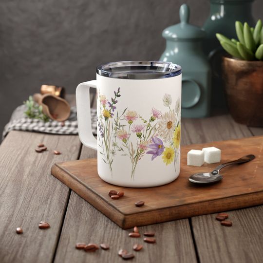 Watercolor Wildflowers Insulated Coffee Mug - Pastel Cottagecore Floral Tumbler with Handle