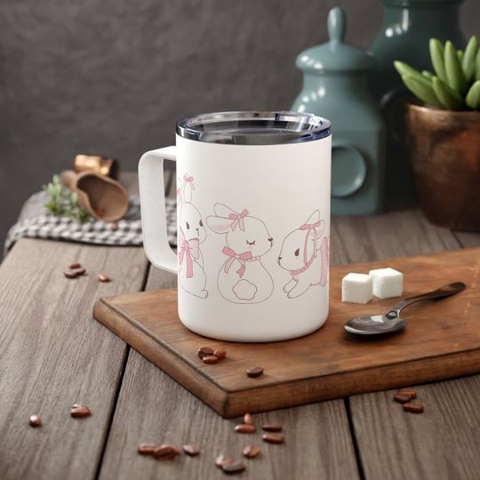 Coquette Easter Insulated Mug - Cute Cartoon Bunnies with Ribbons Tumbler with Handle