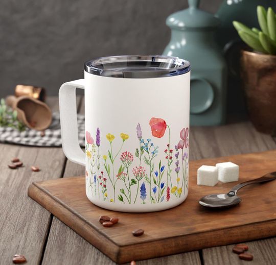 Travel Mug - Watercolor Floral Insulated Coffee Mug 10oz - Wildflower Garden with Lid for Nature Lovers and Flower Enthusiasts