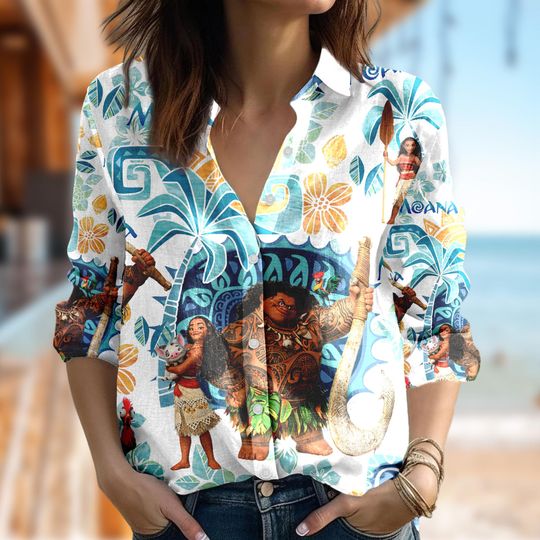 Disney Moana Princess Shirt, Moana Characters Button Up Shirt Holiday, Cartoon Casual Women Gift, Princess Movie 3D All Over Print Shirt