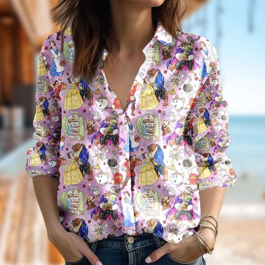 Disney Beauty and The Beast Women Casual Shirt, Belle Princess Shirt, Princess Blouses Button Up T-Shirt, Cartoon Shirt, Magic Kingdom Gift