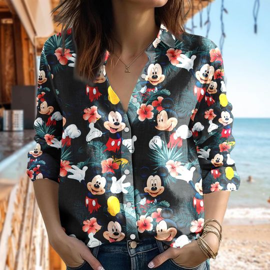 Floral Disney Mickey Mouse Women Casual Shirt, Mickey Mouse Tropical Shirt, Cartoon Blouse Women Shirt, Magic Kingdom Family Trip T-Shirt