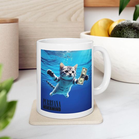 Funny nirvana mug funny cat mug cute mug cute cat mug nevermind album rock album rock music mug adorable cat mug funny cup 11 oz mug 15 oz