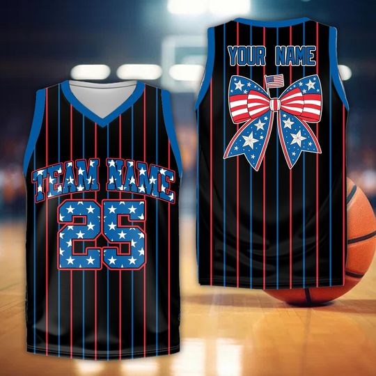 Personalized Name 4th Of July Basketball Jersey, Custom USA Flag Coquette Bow Basketball Shirt, Patriotic Kids Youth Adult Basketball Shirt