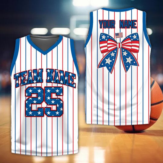 Personalized Name 4th Of July Basketball Jersey, Custom USA Flag Coquette Bow Basketball Shirt, Patriotic Kids Youth Adult Basketball Shirt