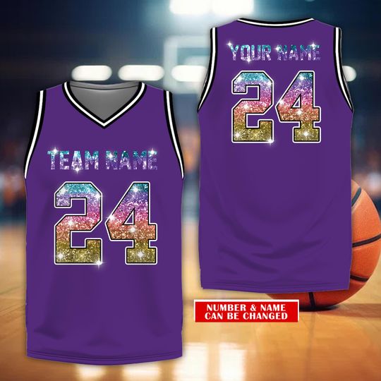 Personalized Color PRINTED GLITTER Basketball Jersey, Custom Name Ombre Bling Jersey, Game Day Outfit For Girls Women, Sparkly Cheer Uniform