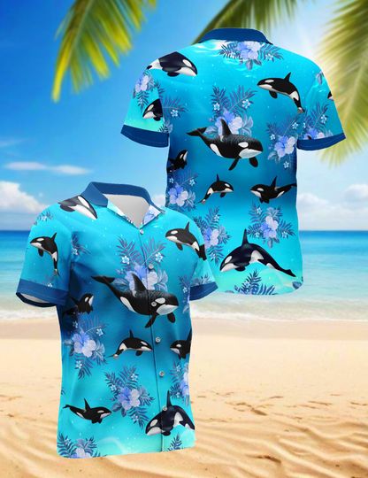 Orca Whale 3D Hawaiian Shirt, Ocean Sea Life Aloha Shirt for Men, Tropical Summer Beach Vacation Shirt, Soft Polyester Shirt Gift