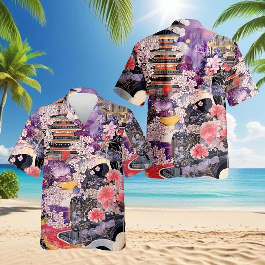 Japanese Sakura Aloha Shirt, Ukiyo-e Cherry Blossom Hawaiian Shirt, Japanese Wave Art Shirt, Kimono Style Summer Beach Shirt for Men