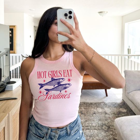 Hot Girls Eat Sardines Crop Tank Top, Funny Fish Racerback, Retro Graphic Tee.