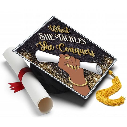 Grad Cap Topper What She Tackles - Black Queen, Graduation Cap Decoration