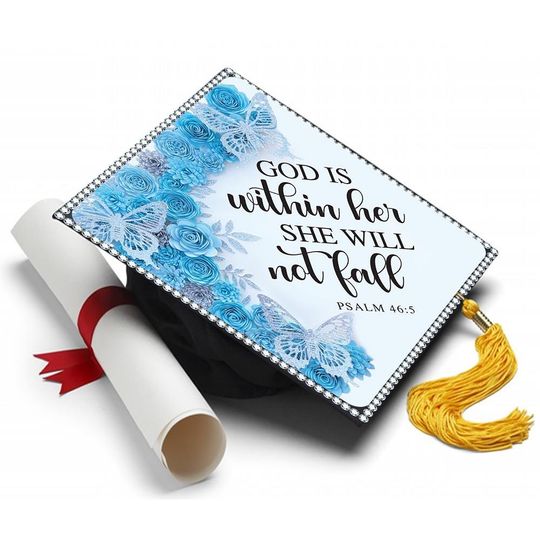 Floral Graduation Cap Topper - God is Within Her She Will Not Fall