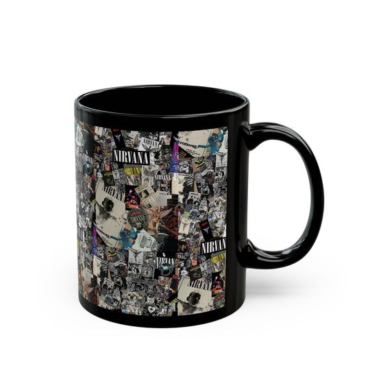 Nirvana Collage Mug - Vintage Music Lover Gift, Black Coffee Cup, Rock Band Merchandise, Unique Collectible, Ideal for Birthdays