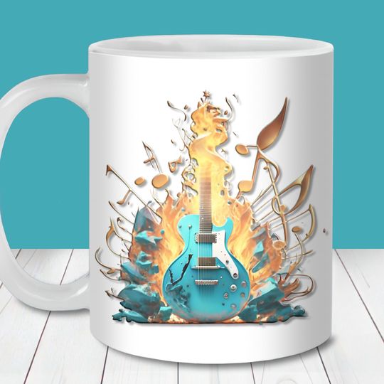 Discover Blue Guitar Mug Wrap, 11oz & 15oz Mug Wrap Template PNG, Instant Digital Download, Mug Sublimation PNG, Guitar Coffee Mug PNG