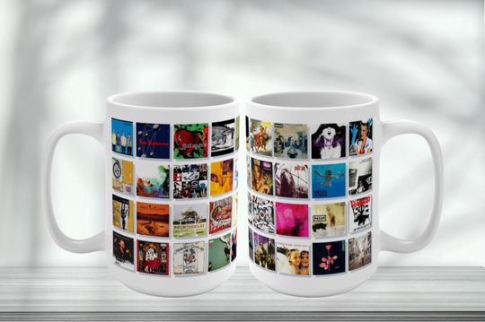 Iconic 90s Alternative Rock Album Collage Coffee Mug - 15oz - Nostalgic Retro Grunge Music, 90s Rock Gifts for Dedicated Alternative Fans