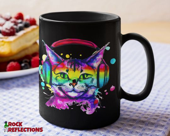 Music Mug Rock And Roll Lover Funny Rock N Roll Gift Rock Music Mug Rocker Classic Rock Coffee Cup Headphones on Cat Rainbow Kitten