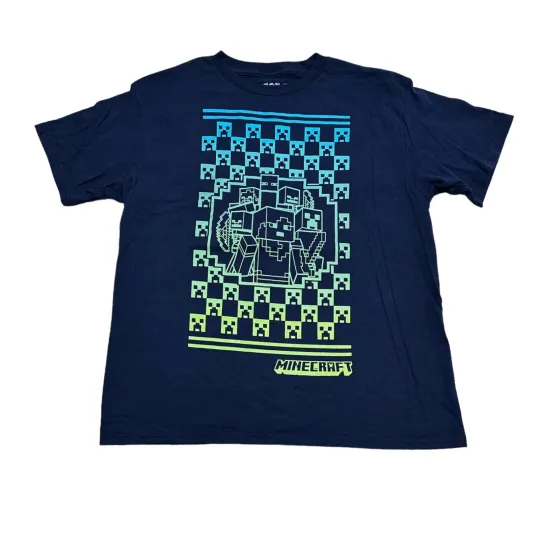 NEW Mojang Minecraft Boys Size XXL (18) Creeper Checker Navy Blue T-Shirt Tee