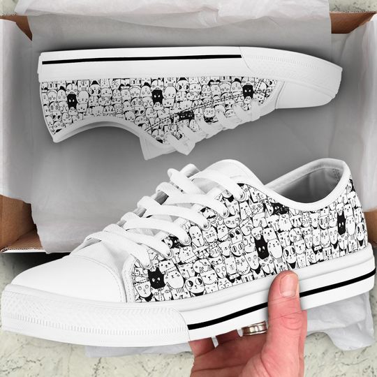 Cat Sneakers for Women's Custom Low Top Sneakers  Back shoe personalized Gift for cat Lovers white lace  Athletic Men shoe